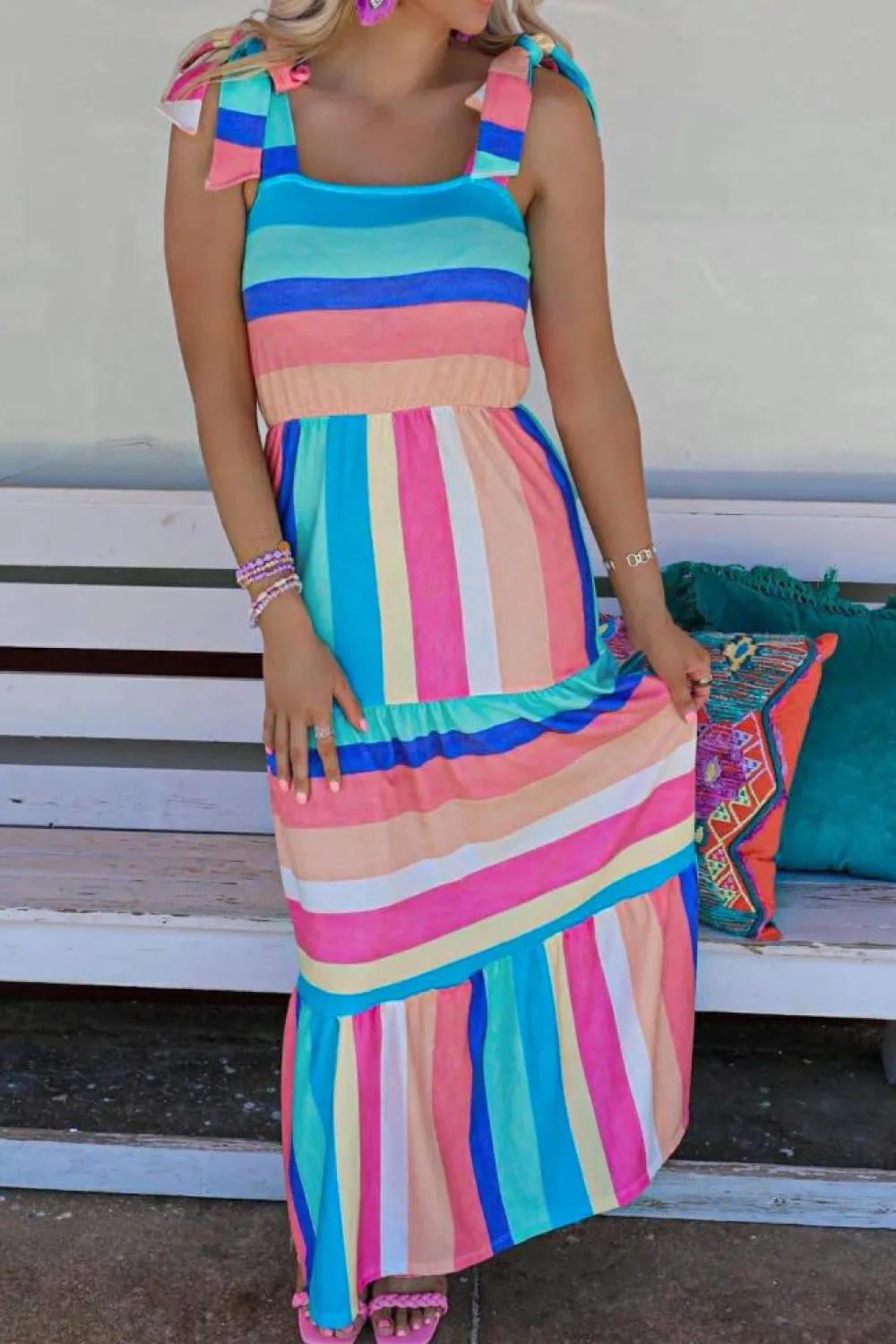 Best Dear-Lover Color Block Striped Bow Knot Straps Maxi Dress Multicolor