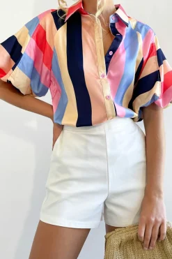 Sale Dear-Lover Color Block Striped Puff Sleeve Buttoned Shirt Multicolor