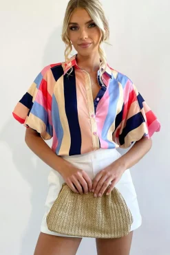 Sale Dear-Lover Color Block Striped Puff Sleeve Buttoned Shirt Multicolor