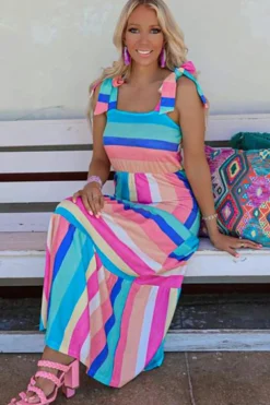 Best Dear-Lover Color Block Striped Bow Knot Straps Maxi Dress Multicolor