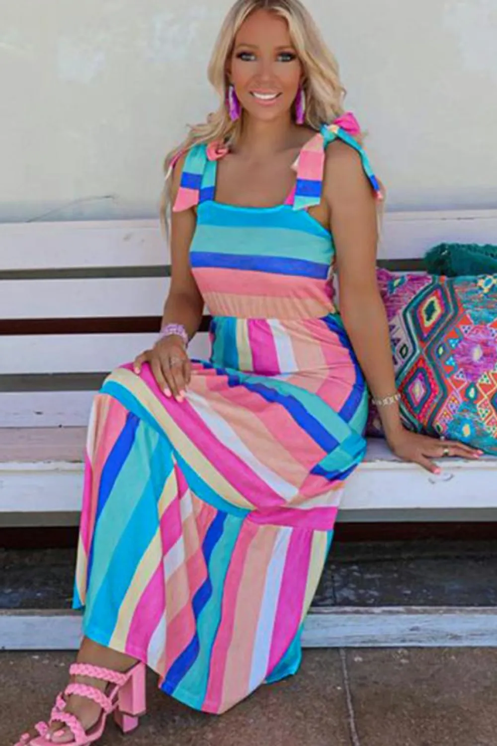 Best Dear-Lover Color Block Striped Bow Knot Straps Maxi Dress Multicolor