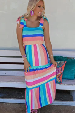 Best Dear-Lover Color Block Striped Bow Knot Straps Maxi Dress Multicolor