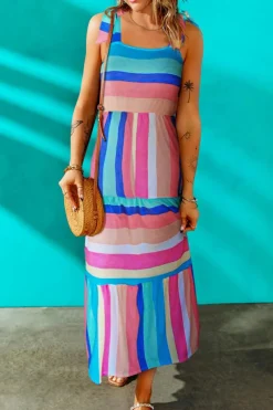 Best Dear-Lover Color Block Striped Bow Knot Straps Maxi Dress Multicolor