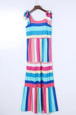 Best Dear-Lover Color Block Striped Bow Knot Straps Maxi Dress Multicolor