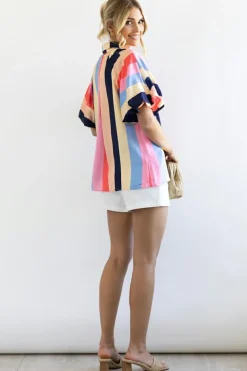 Sale Dear-Lover Color Block Striped Puff Sleeve Buttoned Shirt Multicolor