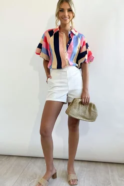 Sale Dear-Lover Color Block Striped Puff Sleeve Buttoned Shirt Multicolor