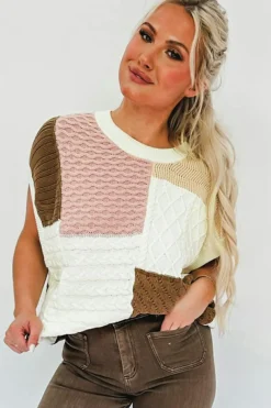 Hot Dear-Lover Colorblock Mix Textured Sweater Tee Multicolor