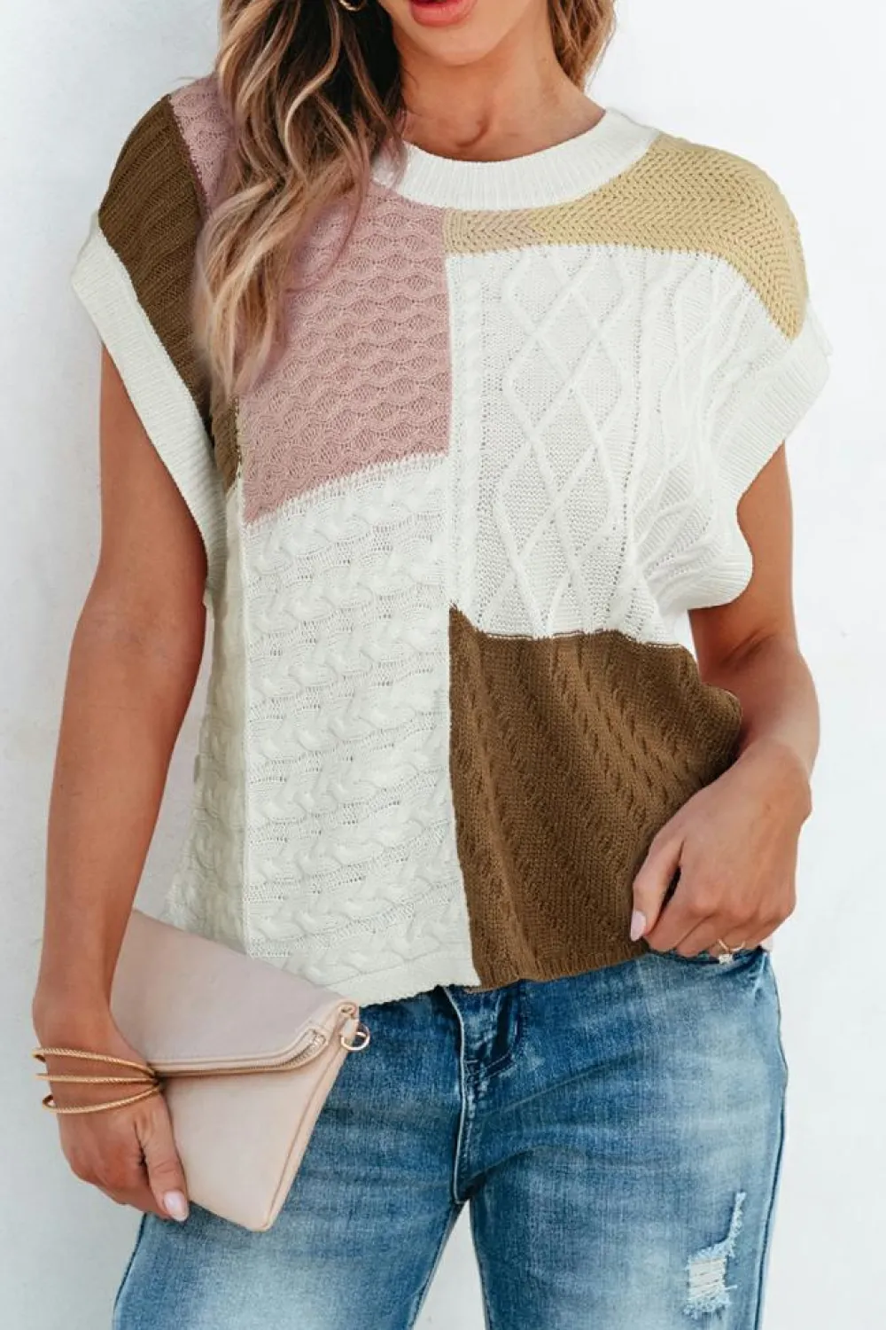 Hot Dear-Lover Colorblock Mix Textured Sweater Tee Multicolor