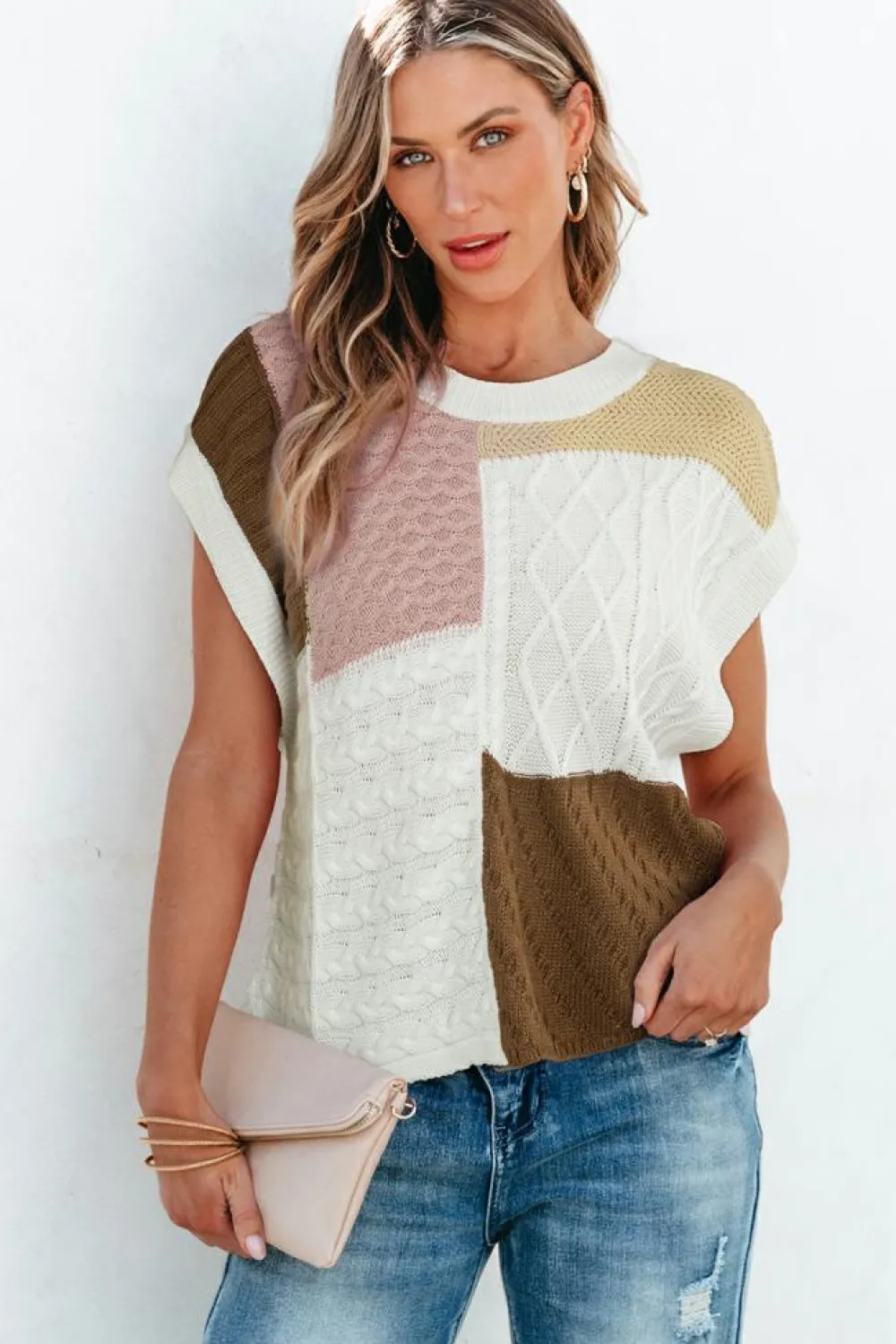 Hot Dear-Lover Colorblock Mix Textured Sweater Tee Multicolor