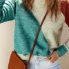 Fashion Dear-Lover Colorblock Ribbed Trim Round Neck Sweater Multicolor
