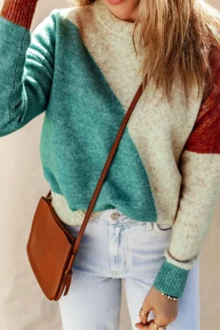 Fashion Dear-Lover Colorblock Ribbed Trim Round Neck Sweater Multicolor