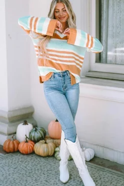 Clearance Dear-Lover Colorblock Stripe Long Sleeve Split Sweater Multicolor