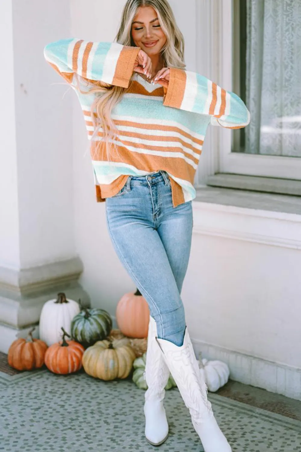 Clearance Dear-Lover Colorblock Stripe Long Sleeve Split Sweater Multicolor