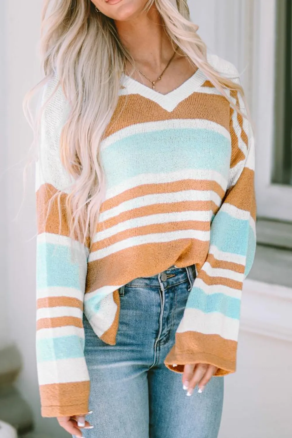 Clearance Dear-Lover Colorblock Stripe Long Sleeve Split Sweater Multicolor