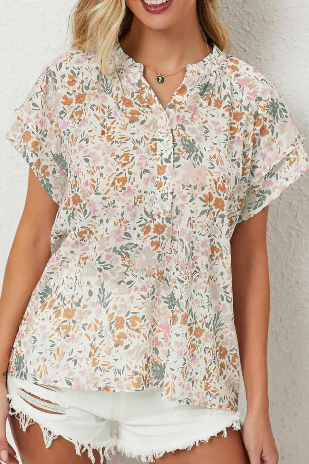 Best Dear-Lover Floral Mandarin Collar Top Multicolor