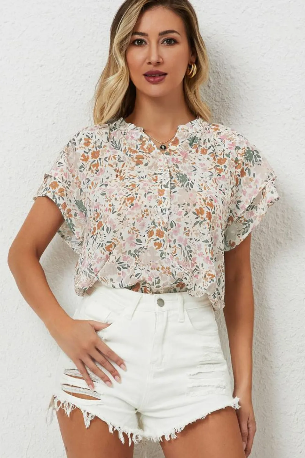 Best Dear-Lover Floral Mandarin Collar Top Multicolor