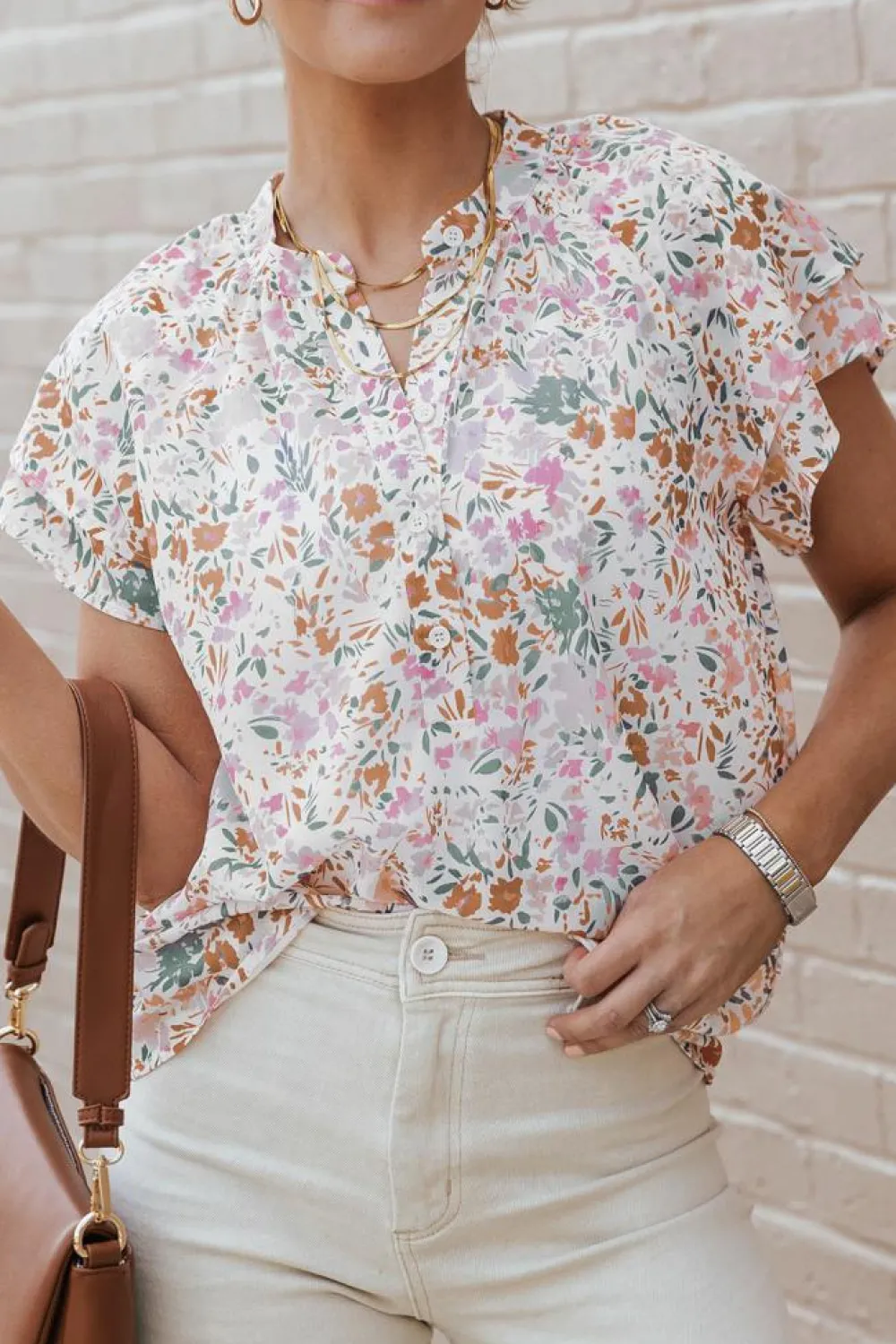 Best Dear-Lover Floral Mandarin Collar Top Multicolor