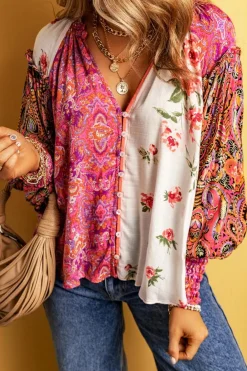 Online Dear-Lover Floral Patchwork Shirred Cuff Buttoned V Neck Blouse Multicolor