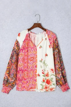 Online Dear-Lover Floral Patchwork Shirred Cuff Buttoned V Neck Blouse Multicolor