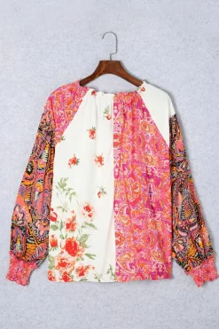 Online Dear-Lover Floral Patchwork Shirred Cuff Buttoned V Neck Blouse Multicolor