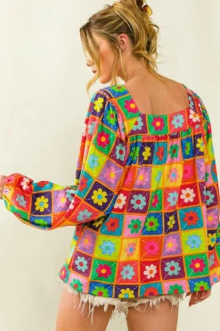 Clearance Dear-Lover Floral Pattern Square Neck Puff Sleeve Blouse Multicolor