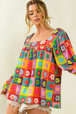 Clearance Dear-Lover Floral Pattern Square Neck Puff Sleeve Blouse Multicolor