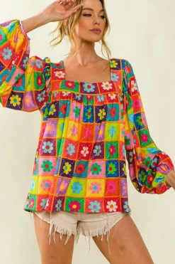 Clearance Dear-Lover Floral Pattern Square Neck Puff Sleeve Blouse Multicolor