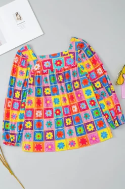 Clearance Dear-Lover Floral Pattern Square Neck Puff Sleeve Blouse Multicolor