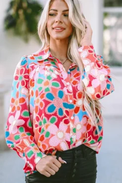 Best Dear-Lover Floral Print Bubble Sleeve Shirt Multicolor