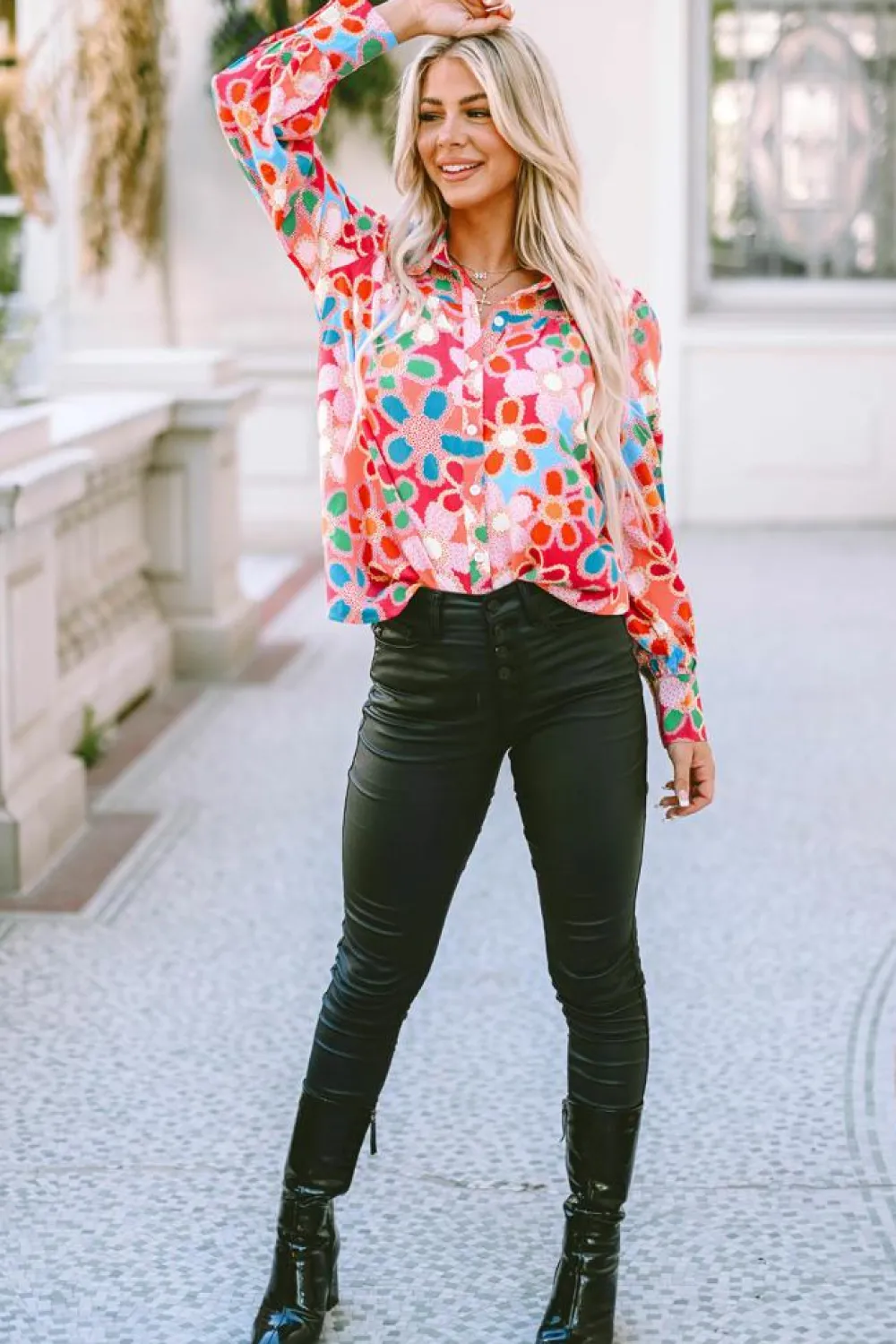 Best Dear-Lover Floral Print Bubble Sleeve Shirt Multicolor