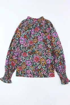Clearance Dear-Lover Floral Print Ruffled Long Sleeve V-Neck Blouse Multicolor