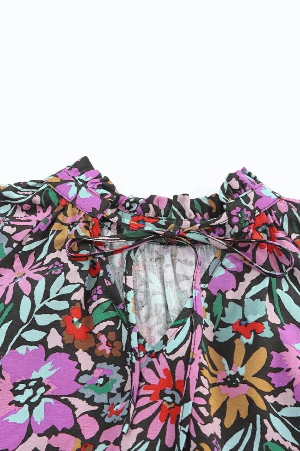 Clearance Dear-Lover Floral Print Ruffled Long Sleeve V-Neck Blouse Multicolor