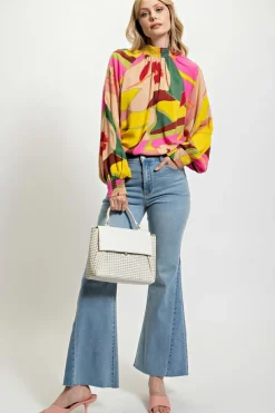 Fashion Dear-Lover Floral Print Smocked Hem Stand Neck Blouse Multicolor