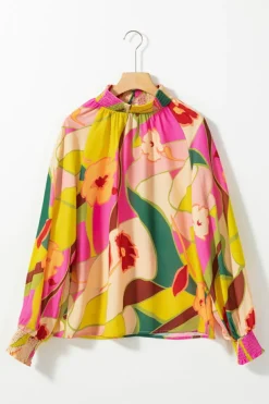 Fashion Dear-Lover Floral Print Smocked Hem Stand Neck Blouse Multicolor