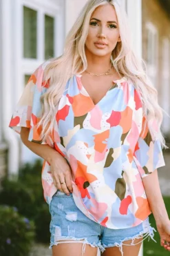 Clearance Dear-Lover Floral Print V Neck Half Sleeve Blouse Multicolor