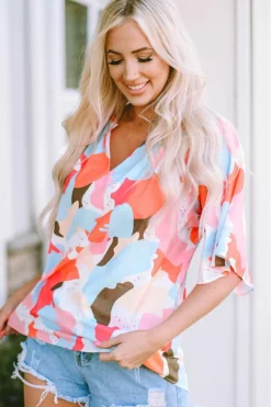 Clearance Dear-Lover Floral Print V Neck Half Sleeve Blouse Multicolor