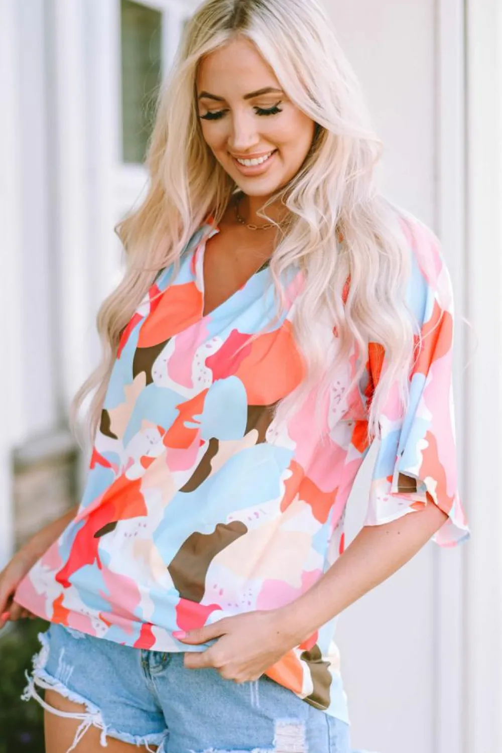 Clearance Dear-Lover Floral Print V Neck Half Sleeve Blouse Multicolor