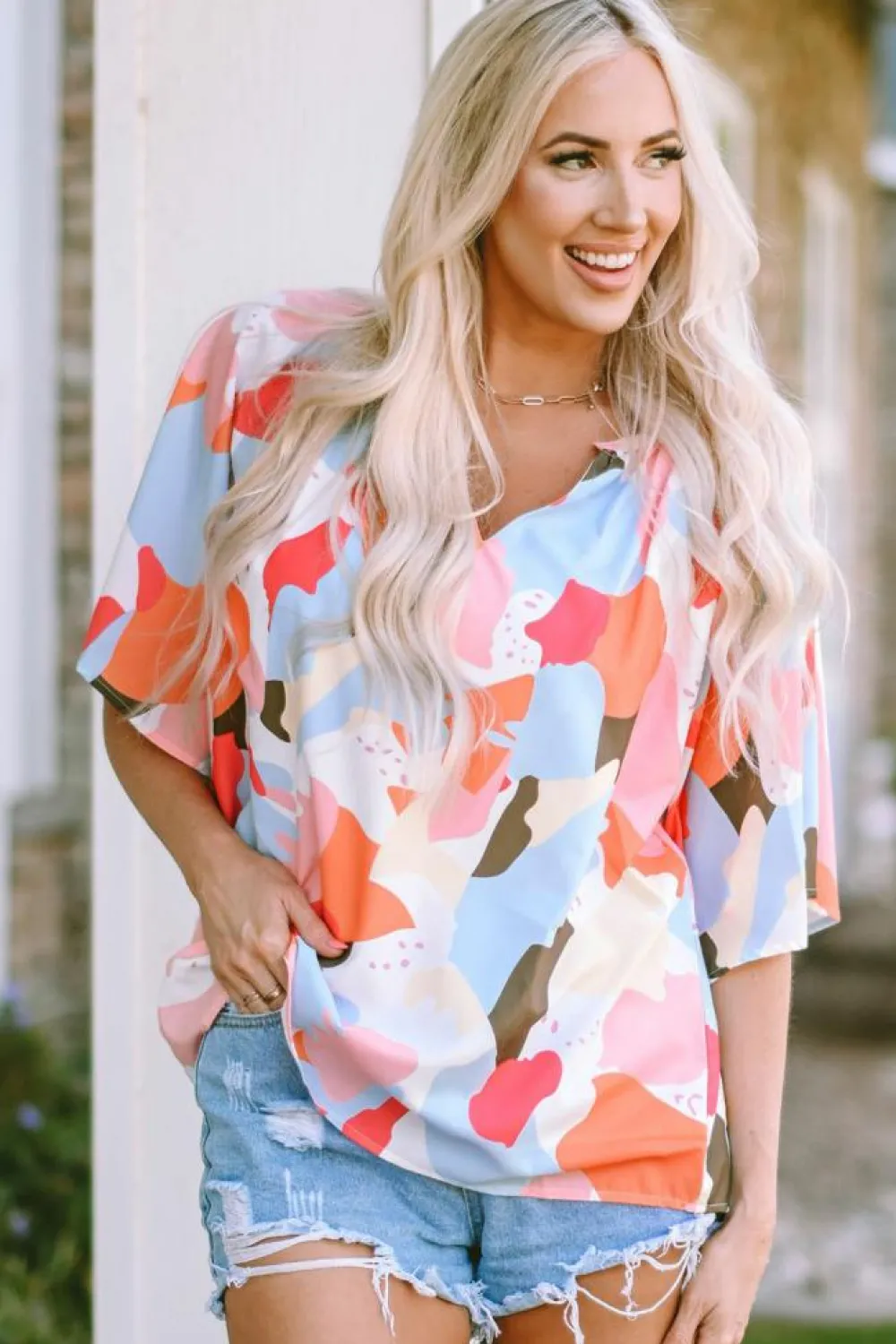 Clearance Dear-Lover Floral Print V Neck Half Sleeve Blouse Multicolor