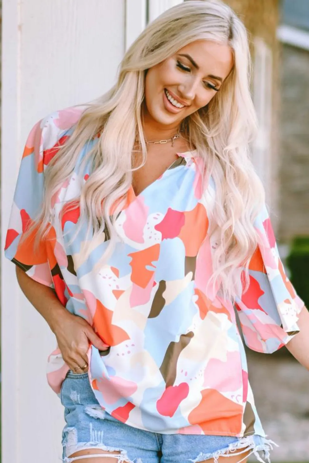 Clearance Dear-Lover Floral Print V Neck Half Sleeve Blouse Multicolor