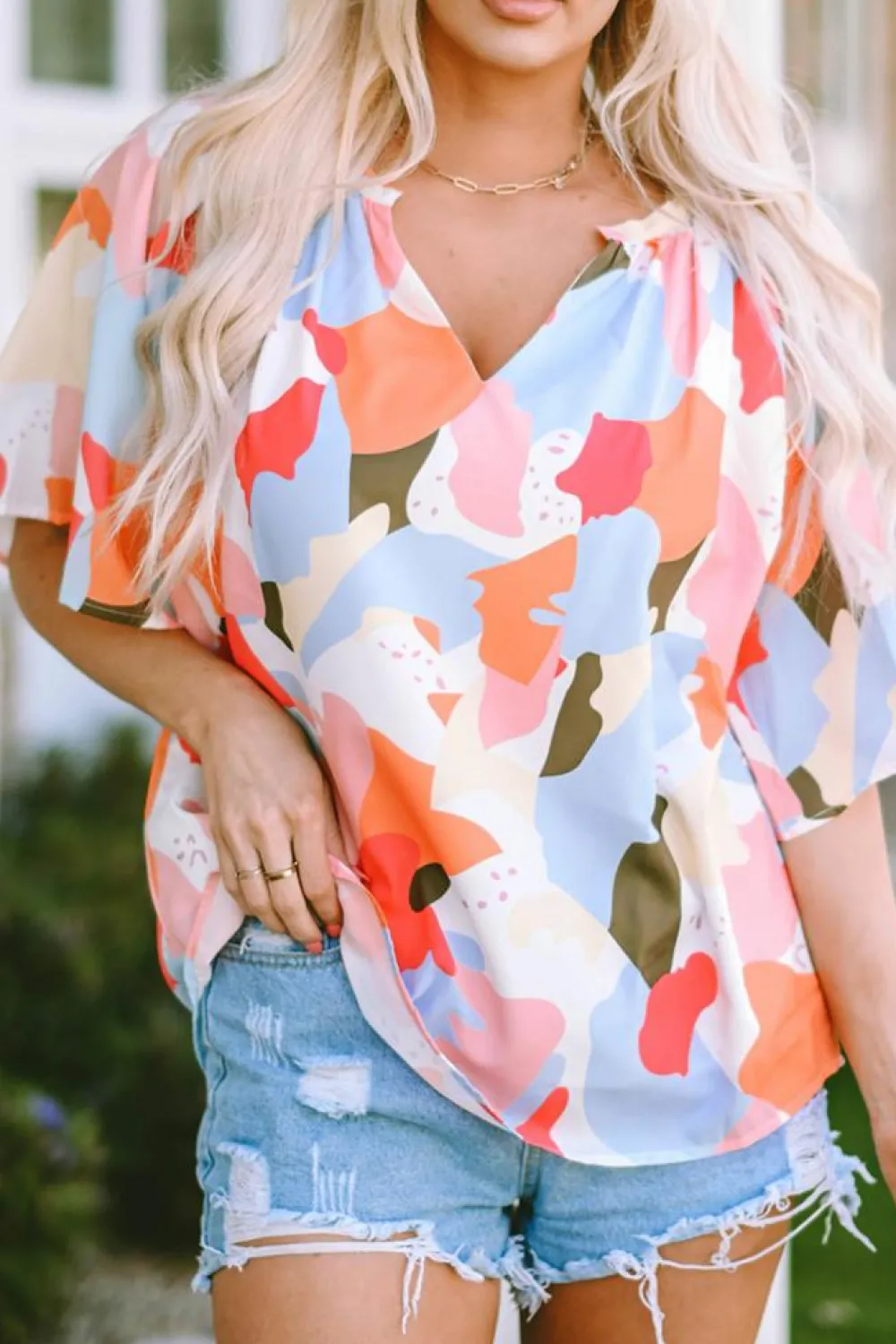 Clearance Dear-Lover Floral Print V Neck Half Sleeve Blouse Multicolor