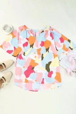 Clearance Dear-Lover Floral Print V Neck Half Sleeve Blouse Multicolor