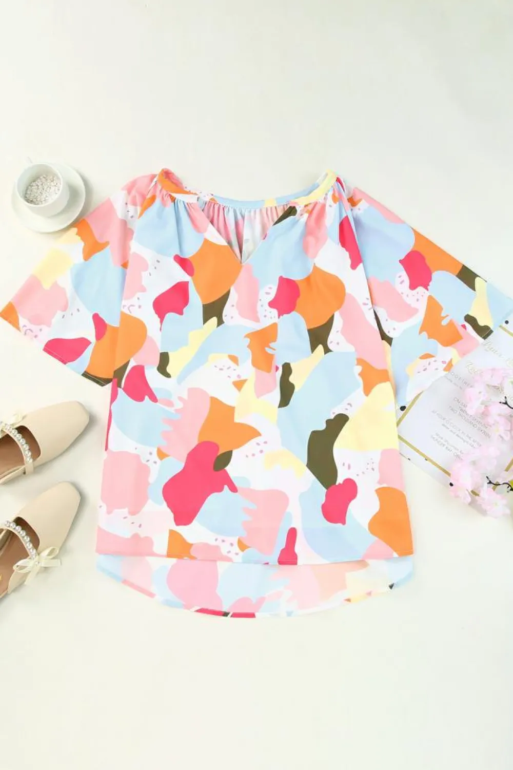 Clearance Dear-Lover Floral Print V Neck Half Sleeve Blouse Multicolor
