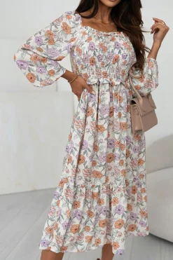 Hot Dear-Lover Floral Smocked Long Sleeve Pocketed Dress Multicolor