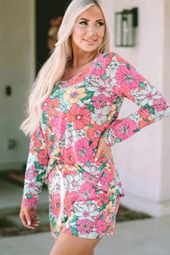 Best Dear-Lover Flower Print Pullover and Drawstring Shorts Lounge Set Multicolor