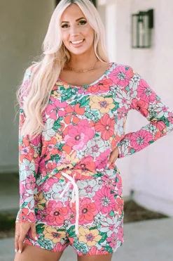 Best Dear-Lover Flower Print Pullover and Drawstring Shorts Lounge Set Multicolor