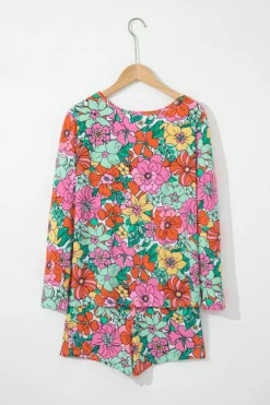 Best Dear-Lover Flower Print Pullover and Drawstring Shorts Lounge Set Multicolor