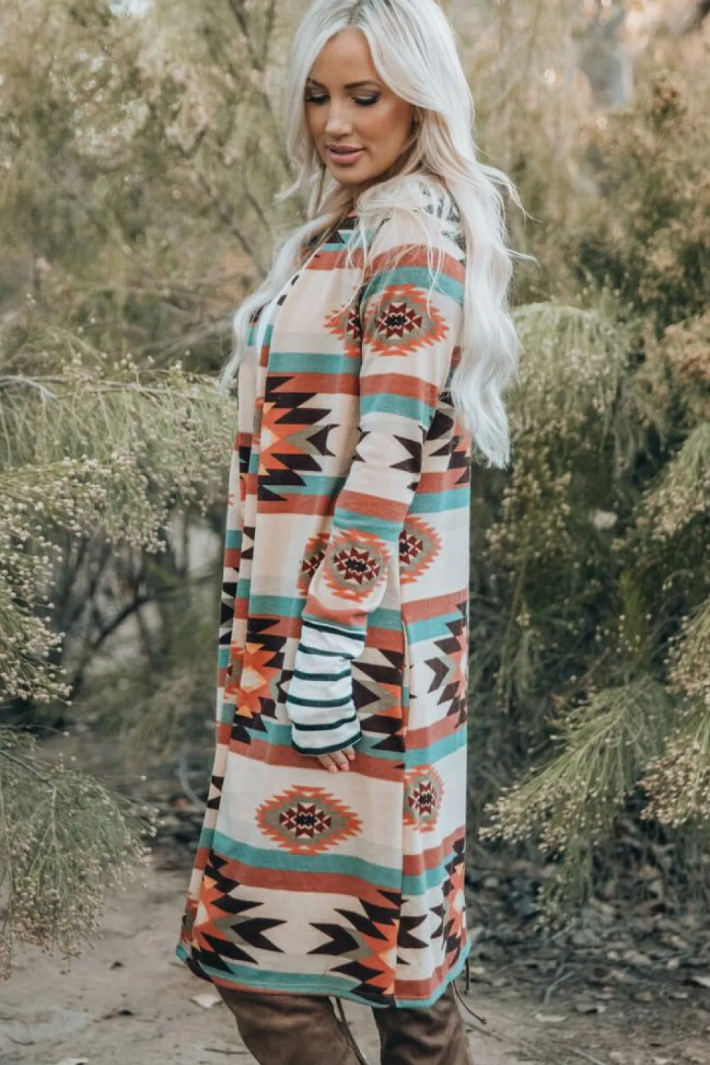 New Dear-Lover Geometric Color Block Open Front Long Cardigan Multicolor
