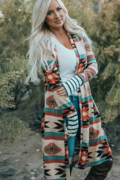 New Dear-Lover Geometric Color Block Open Front Long Cardigan Multicolor