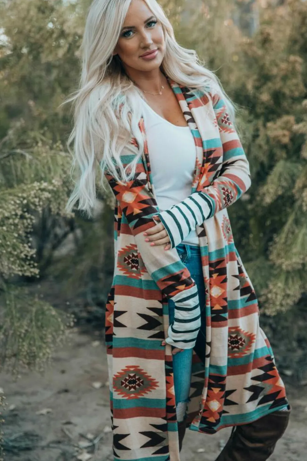 New Dear-Lover Geometric Color Block Open Front Long Cardigan Multicolor