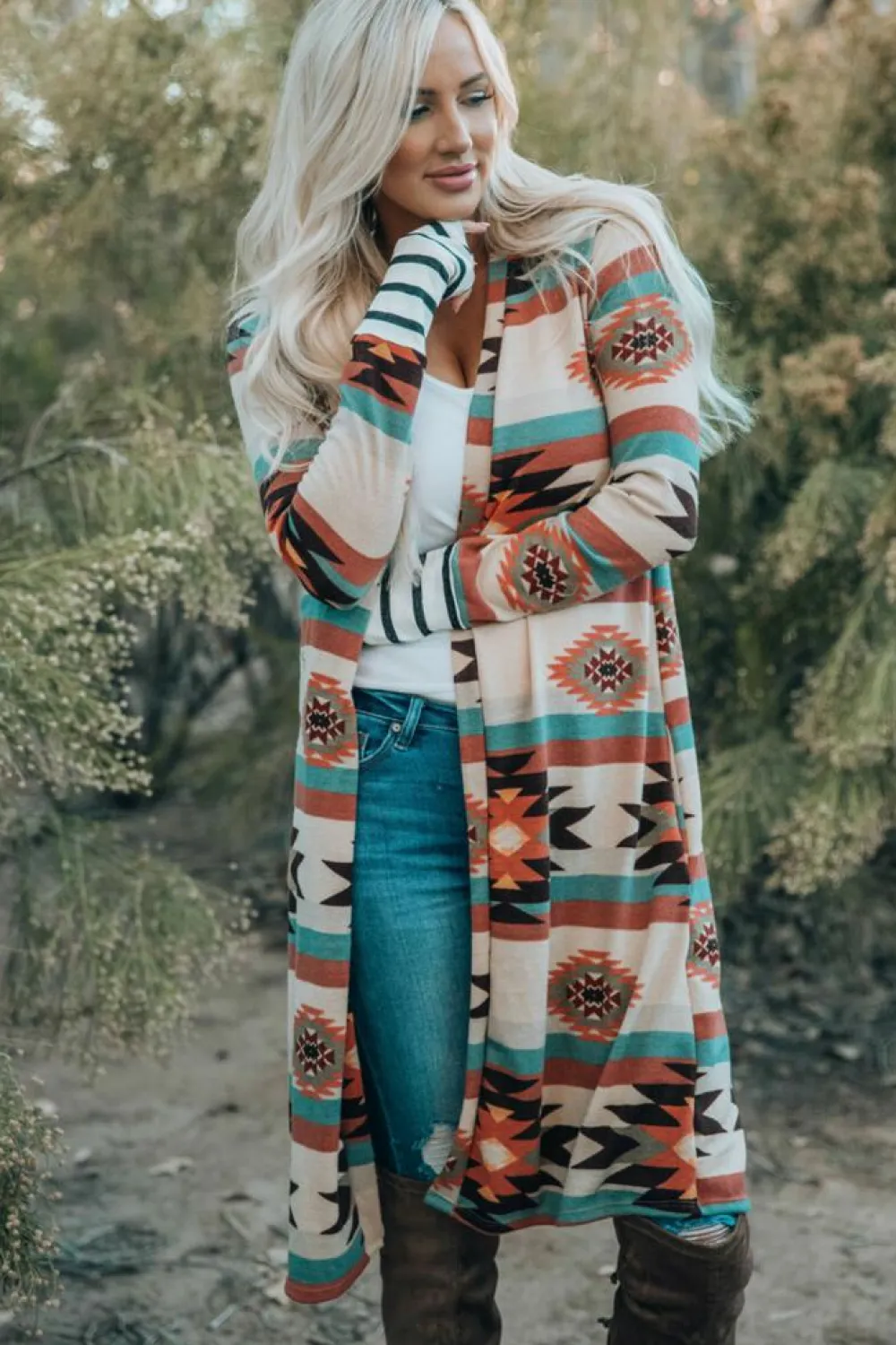 New Dear-Lover Geometric Color Block Open Front Long Cardigan Multicolor